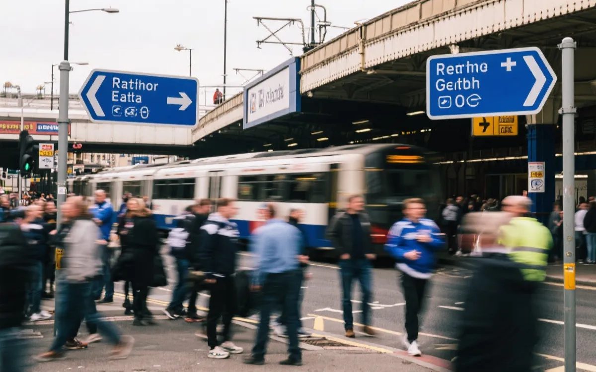 比赛日多伦多街头球迷动线与拍摄点位示意风格画面