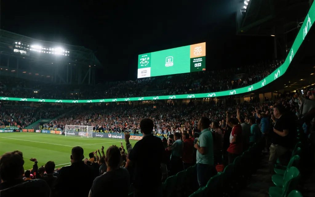 球场内看台人浪与大屏灯光效果，热烈比赛氛围