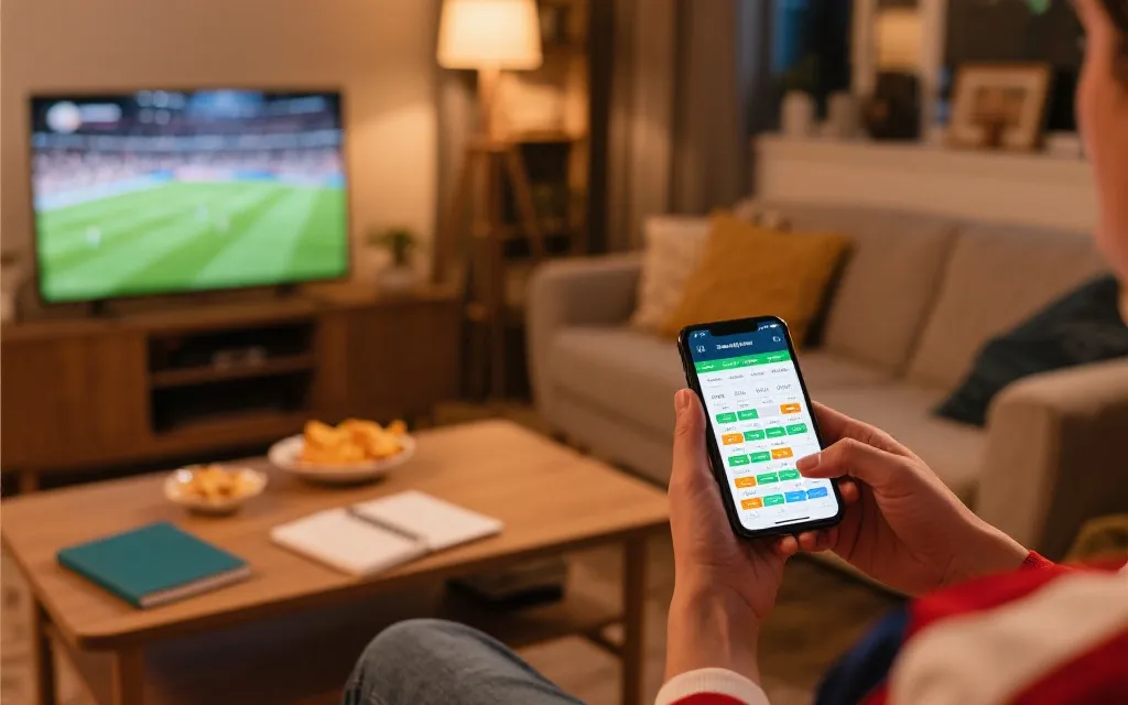 球迷在客厅通过电视与手机同时观看足球直播的场景