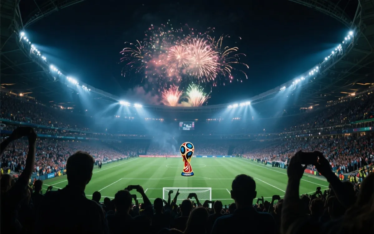 夏夜球场灯光与烟花氛围，象征世界杯决赛收官时刻